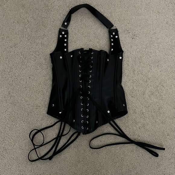 Black Studded Corset Halter Top w. buckles, underbust, fully adjustable, lace up - Picture 7 of 12